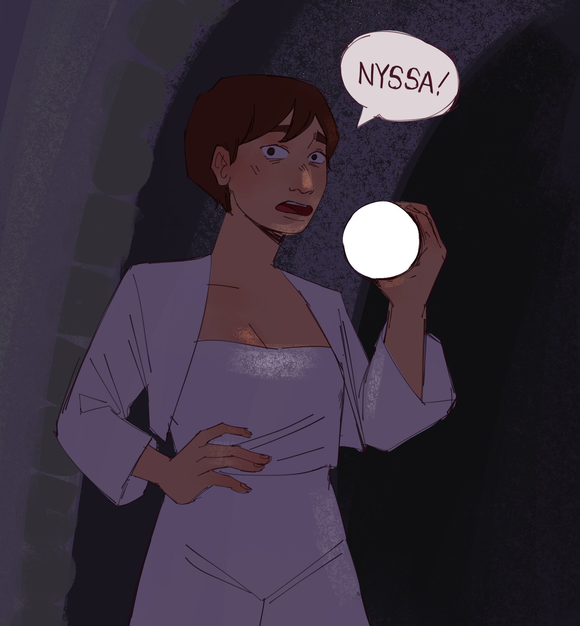 Art of Tegan from Doctor Who, standing in a dark castle. She holds up a flashlight and says "Nyssa!"